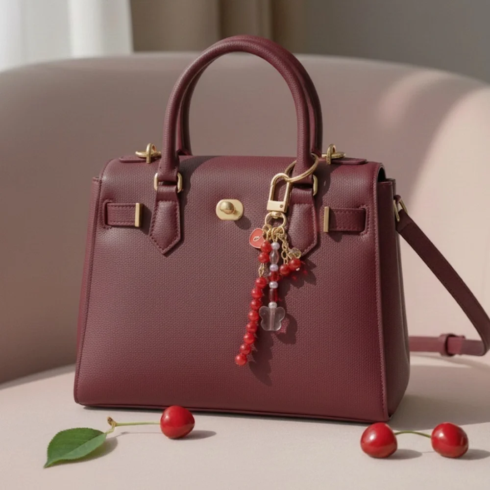Cherry Red Designer Inspired Beaded Bag Charm Keychain
